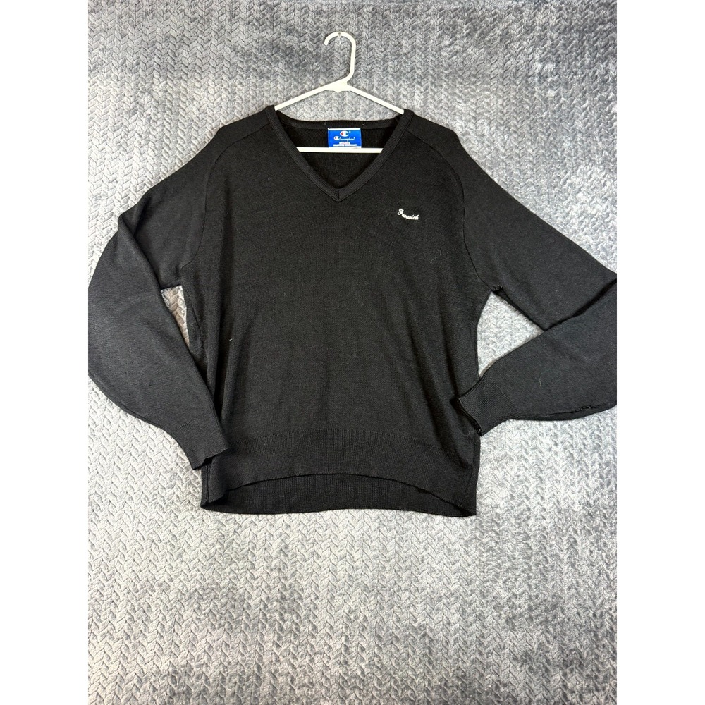 Champion Sweater Mens Large Black High Low Hem V-Neck Tight Knit USA Made 4585